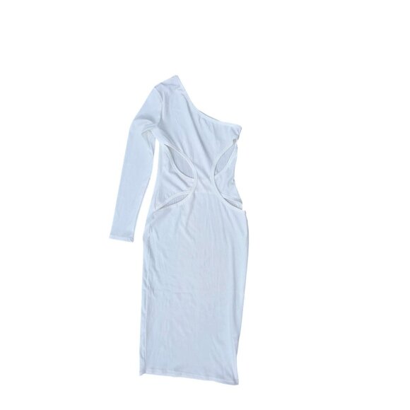 One-Shoulder White Cutout Bodycon Dress With Long Sleeve Small Size 95% Polyeste - Picture 4 of 6